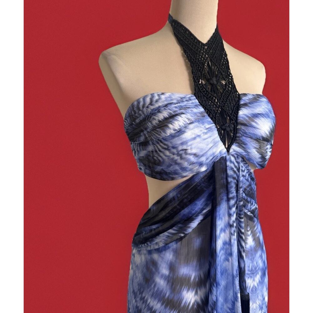 Bebe Tie Dye Coutout Maxi Dress | Fringe Macrame Accents | Y2k | Boho Glam | L |